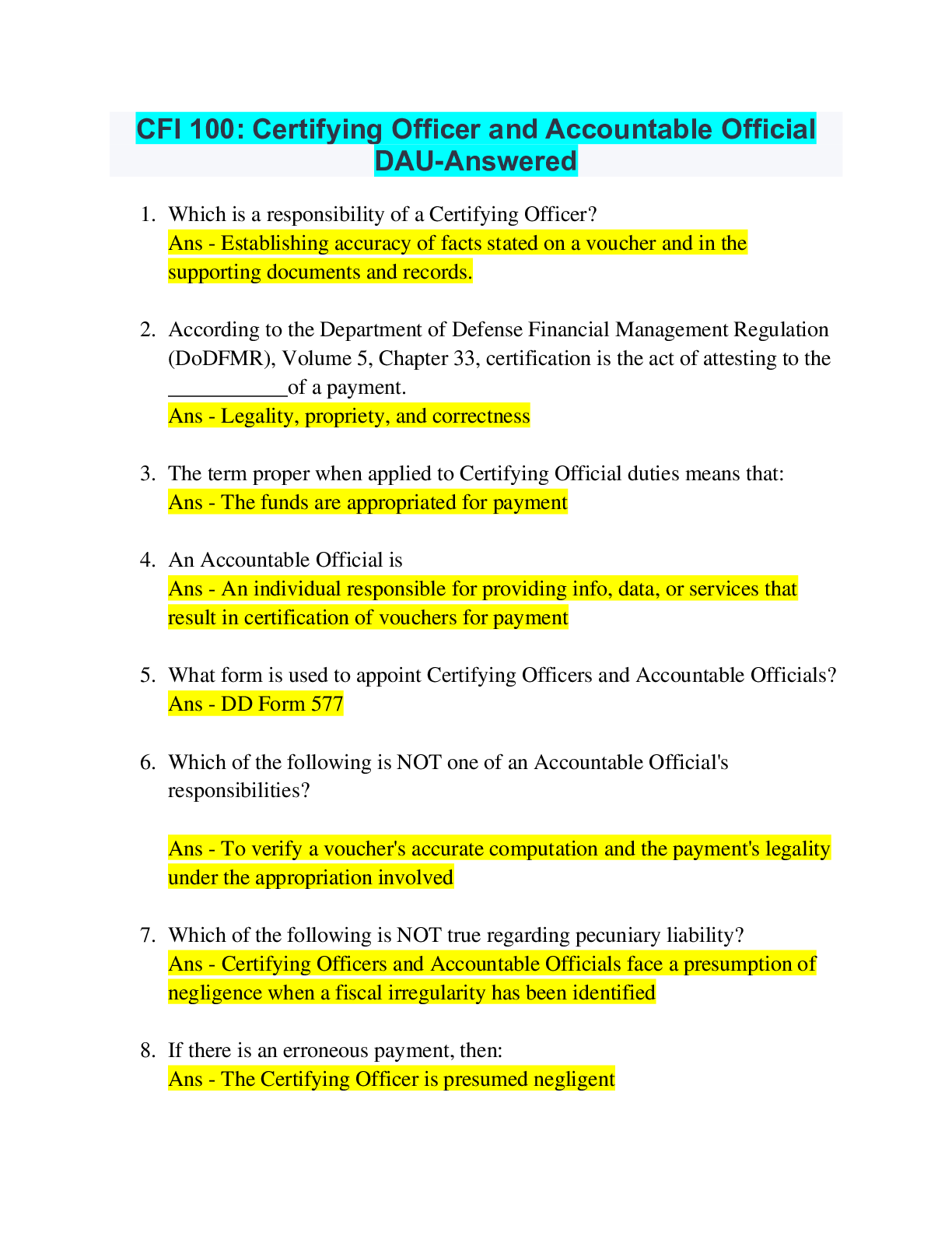 Preview image for (answered) CFI 100: Certifying Officer and Accountable Official- DUA  